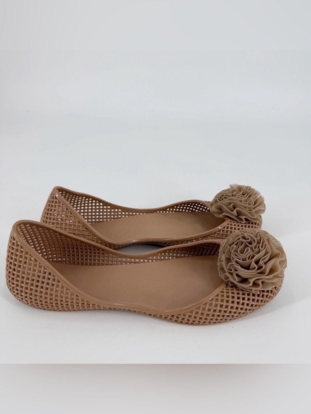 Melissa Nude Beige Ballet Flats Opne Mesh Design Fabric Flower US 8